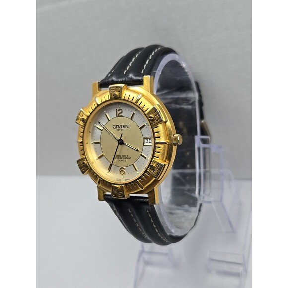 Gruen Sport Quartz Date Gold Tone Bezel 3ATM 100FT Mens Watch New Battery Analog - Picture 2 of 13